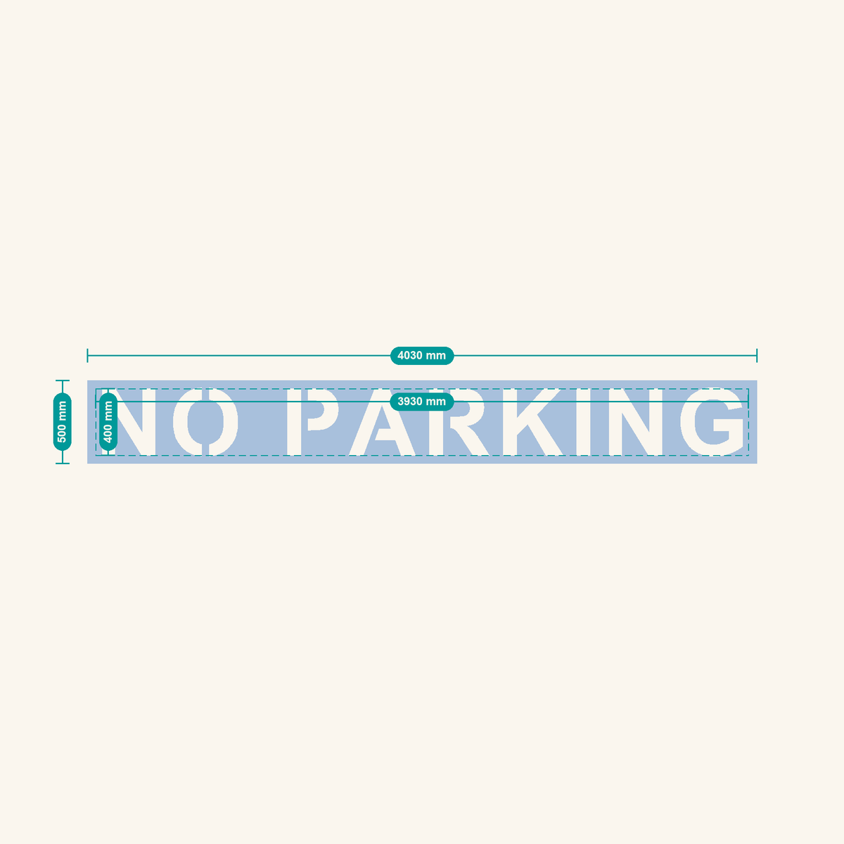 NO PARKING stencil, 400 mm letters — finished sheet 4030 × 500 mm