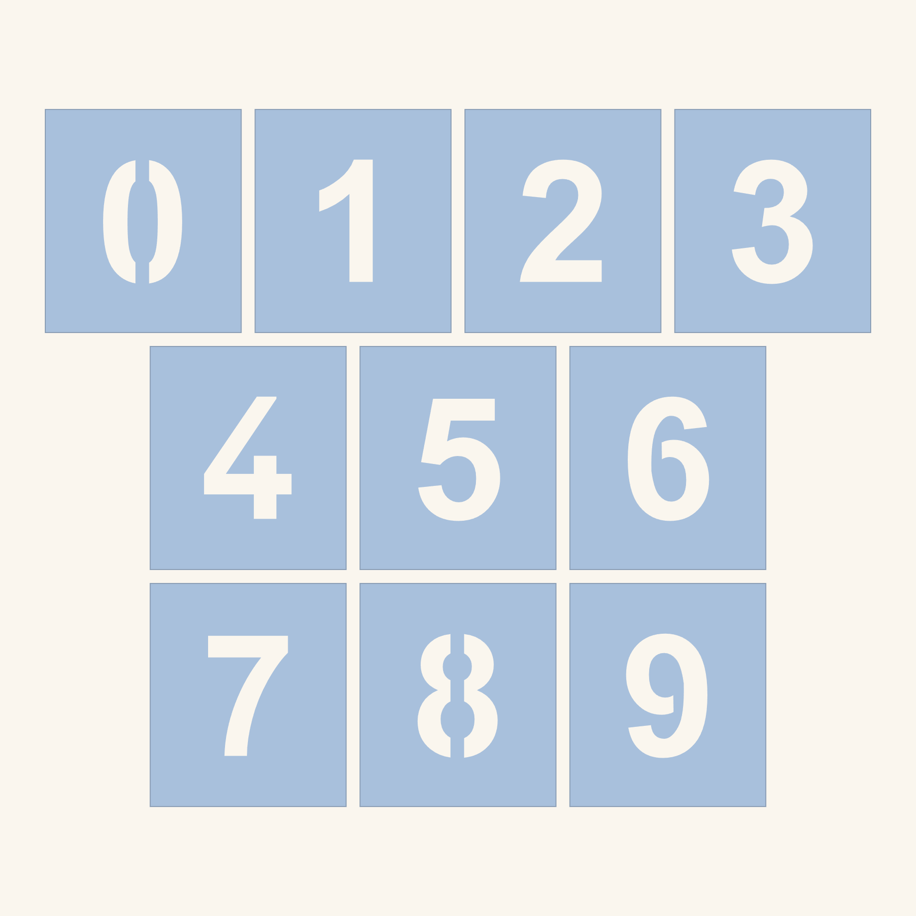 Number stencil set — 10 individual number stencils 0 to 9