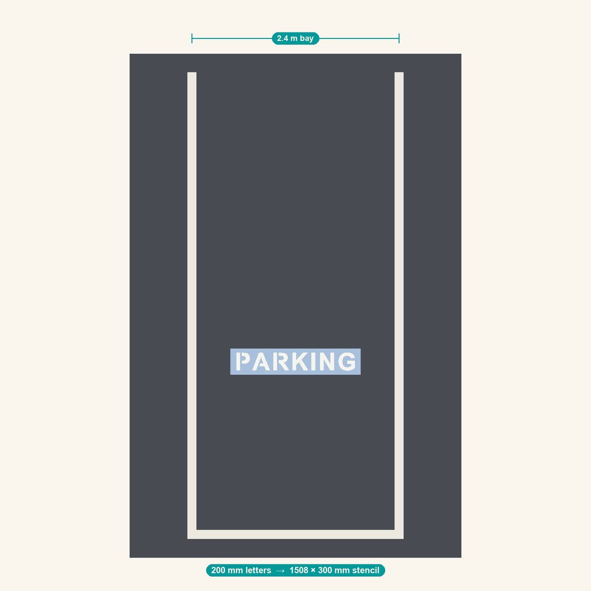 PARKING stencil at 200 mm letters shown to scale in a standard 2.4 m car park bay