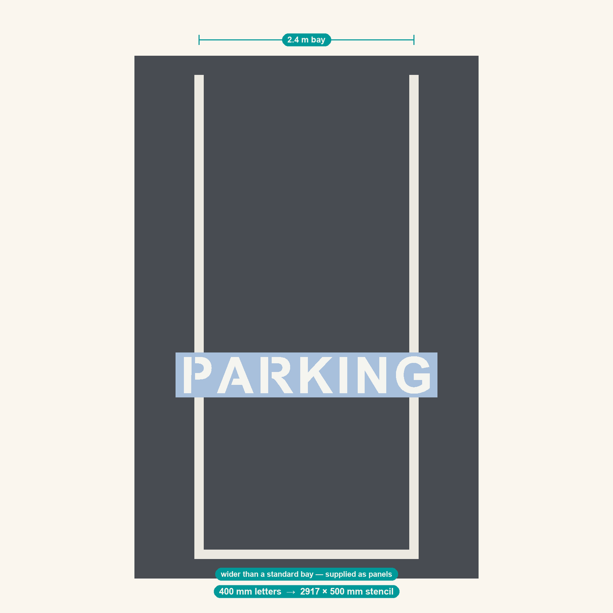PARKING stencil at 400 mm letters shown to scale in a standard 2.4 m car park bay