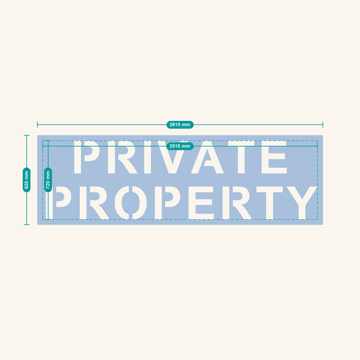 PRIVATE PROPERTY stencil, 300 mm letters — finished sheet 2615 × 820 mm
