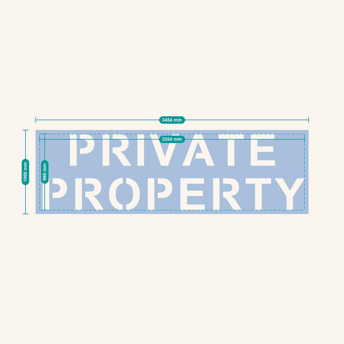 PRIVATE PROPERTY stencil, 400 mm letters — finished sheet 3454 × 1060 mm