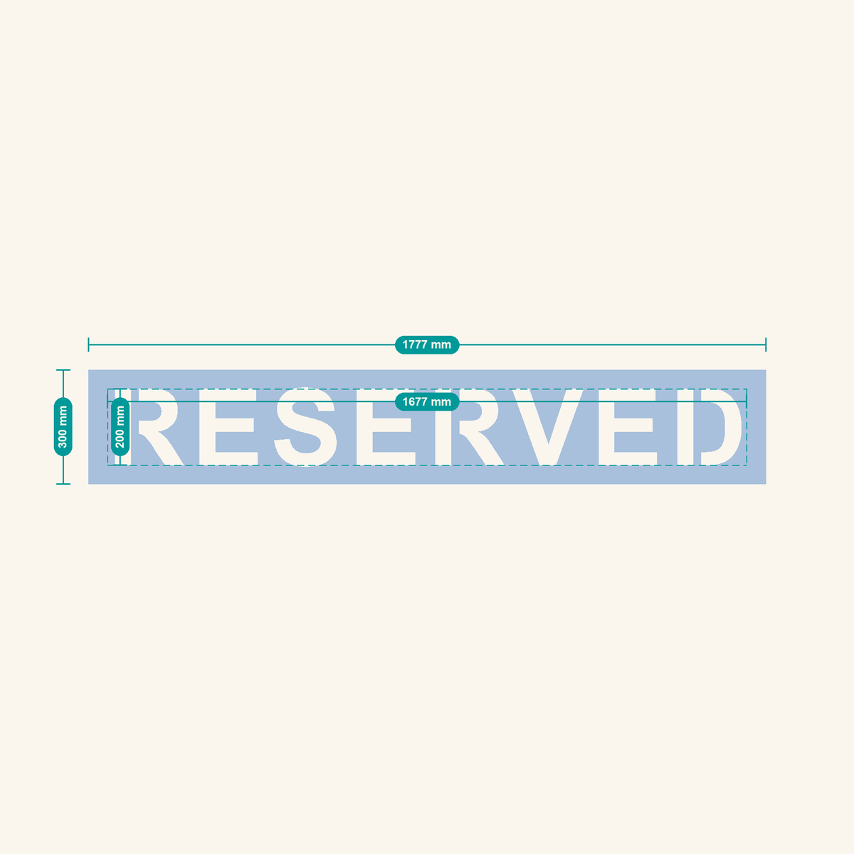 RESERVED stencil, 200 mm letters — finished sheet 1777 × 300 mm