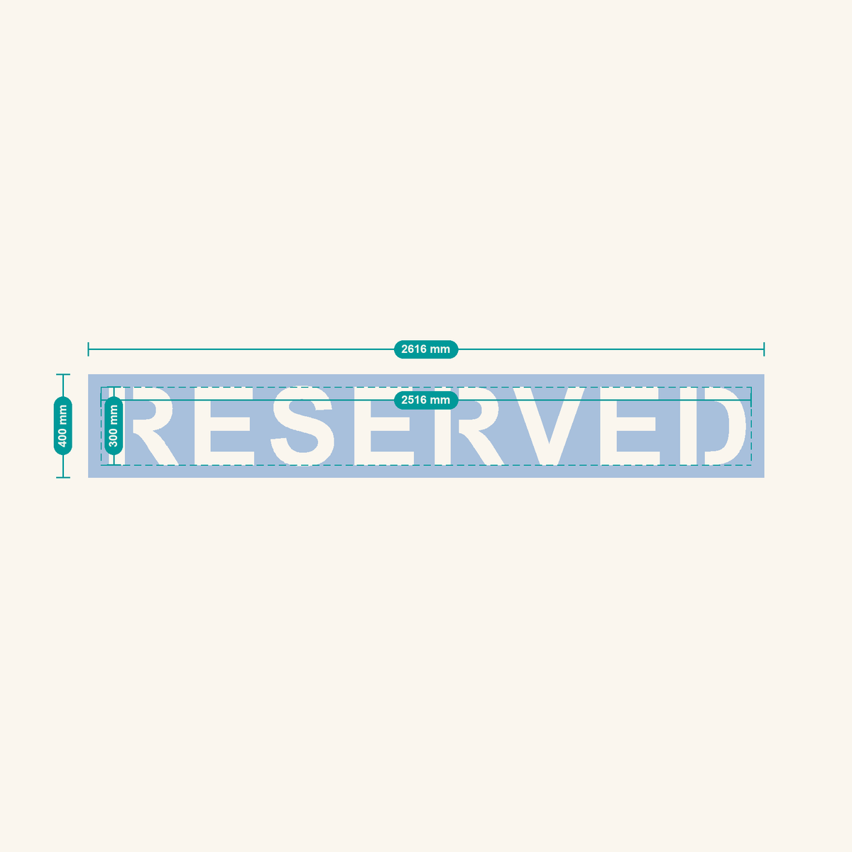 RESERVED stencil, 300 mm letters — finished sheet 2616 × 400 mm
