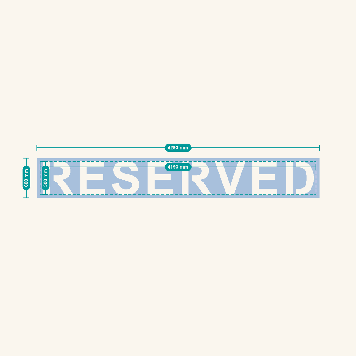 RESERVED stencil, 500 mm letters — finished sheet 4293 × 600 mm