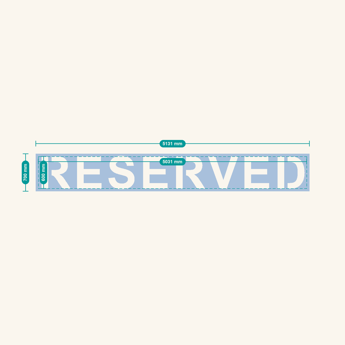 RESERVED stencil, 600 mm letters — finished sheet 5131 × 700 mm