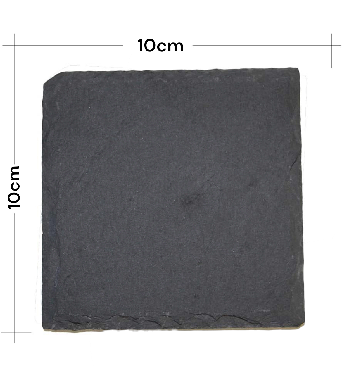 Square black slate coaster on a white background with dimension lines indicating a size of 10 cm by 10 cm.