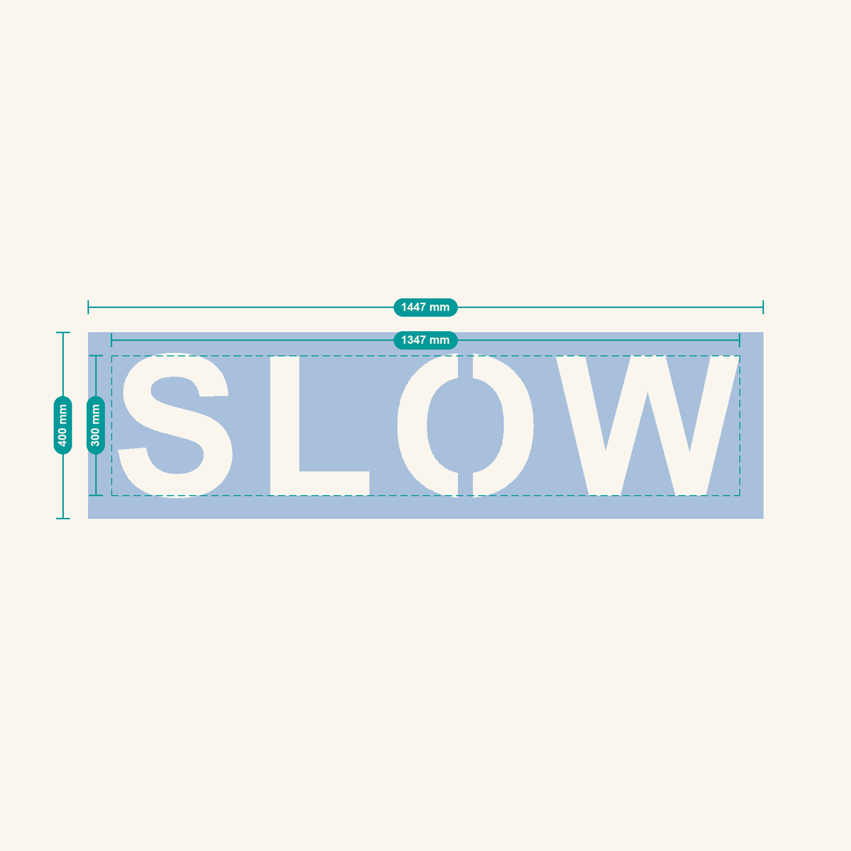SLOW stencil, 300 mm letters — finished sheet 1447 × 400 mm