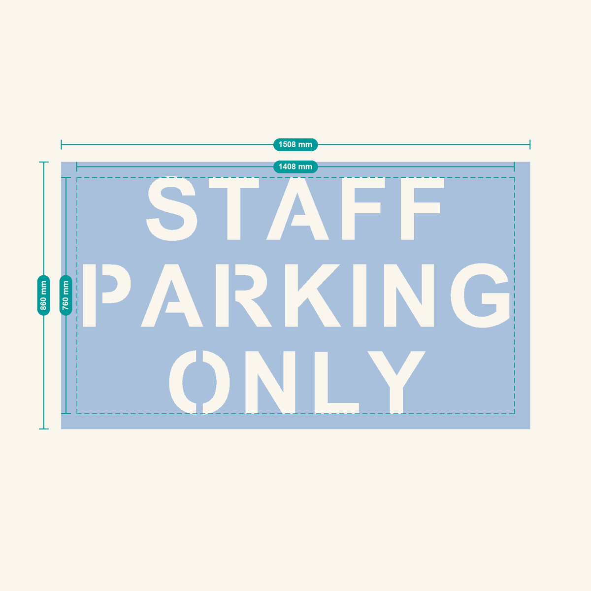 STAFF PARKING ONLY stencil, 200 mm letters — finished sheet 1508 × 860 mm
