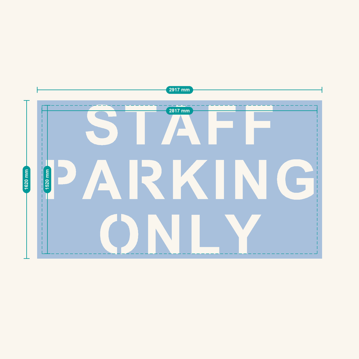 STAFF PARKING ONLY stencil, 400 mm letters — finished sheet 2917 × 1620 mm
