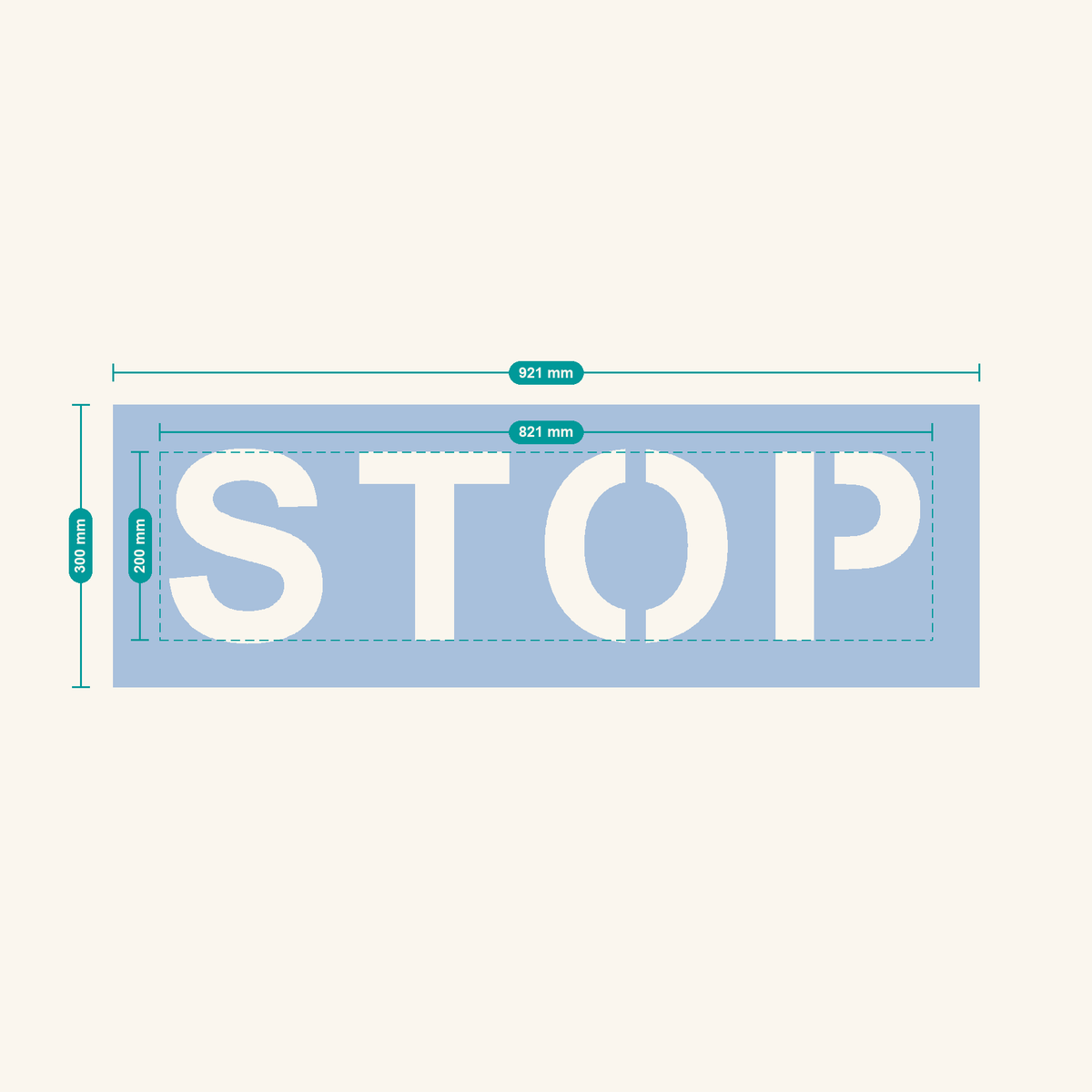 STOP stencil, 200 mm letters — finished sheet 921 × 300 mm