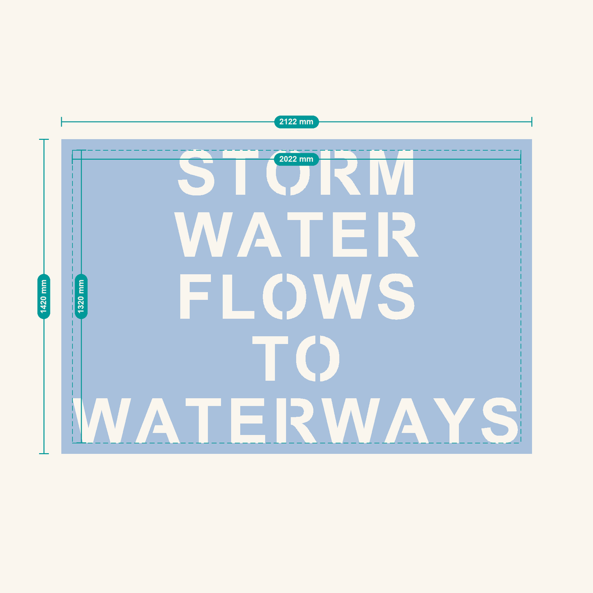 STORM WATER FLOWS TO WATERWAYS stencil, 200 mm letters — finished sheet 2122 × 1420 mm