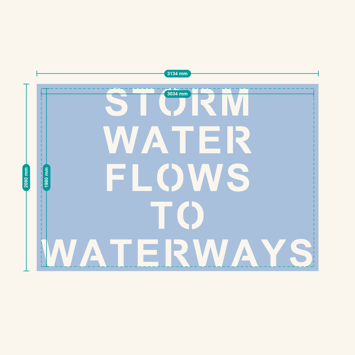 STORM WATER FLOWS TO WATERWAYS stencil, 300 mm letters — finished sheet 3134 × 2080 mm