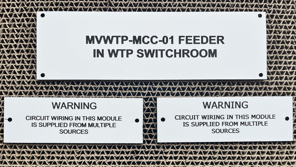 White with black text Electrical labels with holes