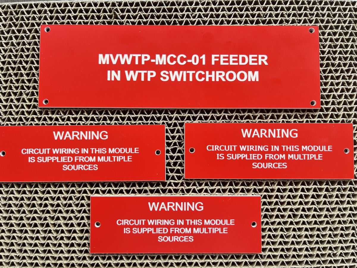 Red with white text Electrical labels with holes